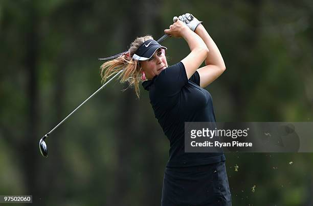 Katherine Hull of Australia plays a fairway wood on the 12th hole during round four of the 2010 ANZ Ladies Masters at Royal Pines Resort on March 7,...
