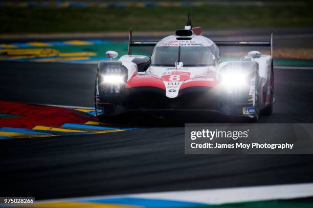 The Toyota Gazoo Racing TS050 Hybrid of Sebastien Buemi, Kazuki Nakajima, and Fernando Alonso drives during a qualifying session for the Le Mans 24...