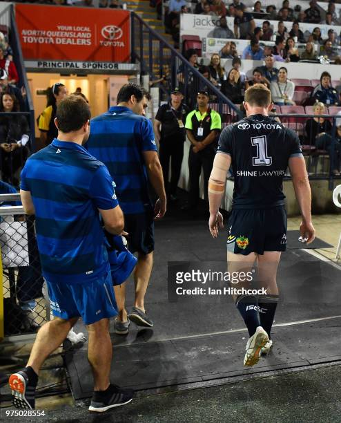 Michael Morgan of the Cowboys walks from the field after being injured during the round 15 NRL match between the North Queensland Cowboys and the New...