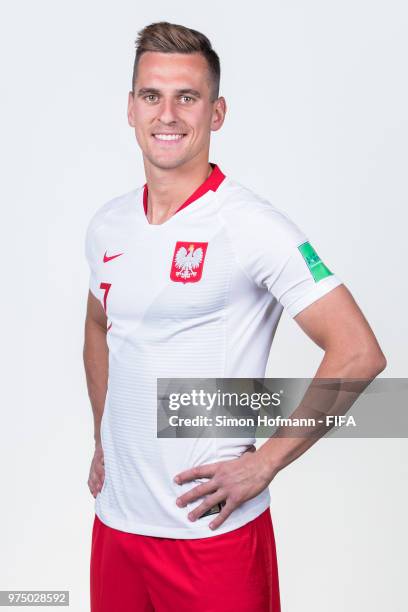 Arkadiusz Milik of Poland poses during the official FIFA World Cup 2018 portrait session at Hyatt Regency Hotel on June 14, 2018 in Sochi, Russia.