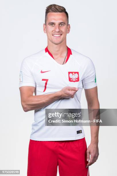 Arkadiusz Milik of Poland poses during the official FIFA World Cup 2018 portrait session at Hyatt Regency Hotel on June 14, 2018 in Sochi, Russia.