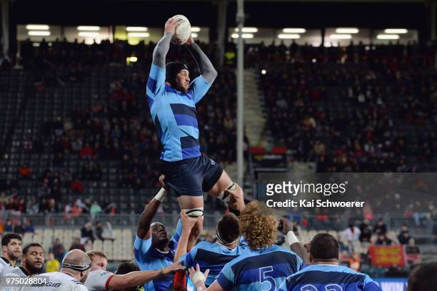 Francois Cros of the French Barbarians wins a lineout during the match between the Crusaders and the French Barbarians at AMI Stadium on June 15,...