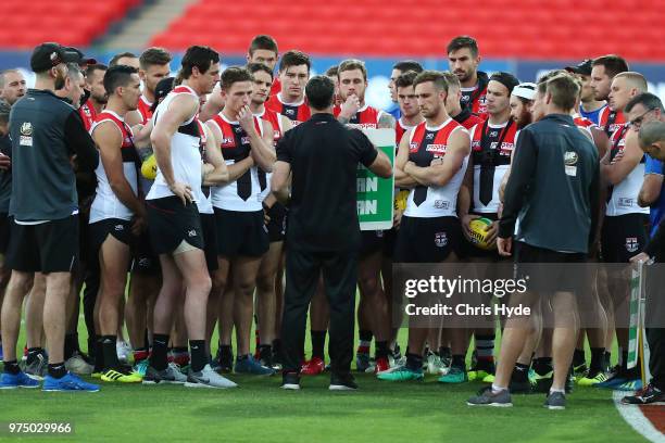 St Kilda Saints AFL team talk during a training session at Metricon Stadium on June 15, 2018 in Gold Coast, Australia.