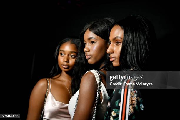 Akila Releford, Mariama Diallo and Sydney Harper attend MAC Cosmetics Aaliyah Launch Party on June 14, 2018 in Hollywood, California.