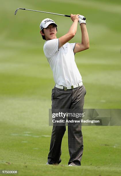 Noh Seung-yul of Korea plays his second shot on the 16th hole during the final round of the Maybank Malaysian Open at the Kuala Lumpur Golf and...