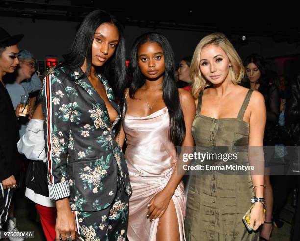 Sydney Harper, Akila Releford and Cleo Vauban attend MAC Cosmetics Aaliyah Launch Party on June 14, 2018 in Hollywood, California.