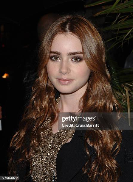 Lily Collins arrives at the Chanel And Charles Finch Pre-Oscar Party Celebrating Fashion And Film at Madeo Restaurant on March 6, 2010 in Los...