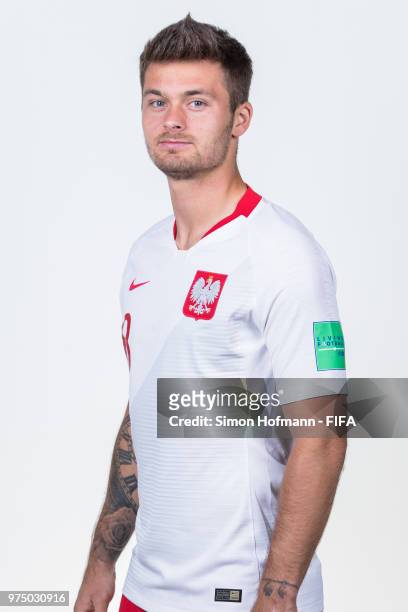 Karol Linetty of Poland poses during the official FIFA World Cup 2018 portrait session at Hyatt Regency Hotel on June 14, 2018 in Sochi, Russia.