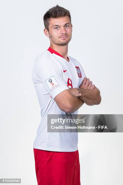 Karol Linetty of Poland poses during the official FIFA World Cup 2018 portrait session at Hyatt Regency Hotel on June 14, 2018 in Sochi, Russia.