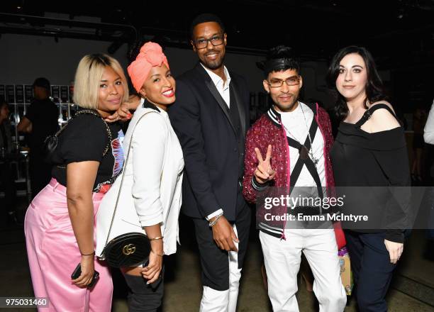 Tre Major, Jennifer Risinger, Derek Lee and with friends attend MAC Cosmetics Aaliyah Launch Party on June 14, 2018 in Hollywood, California.