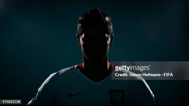 Robert Lewandowski of Poland poses during the official FIFA World Cup 2018 portrait session on June 14, 2018 in Sochi, Russia.