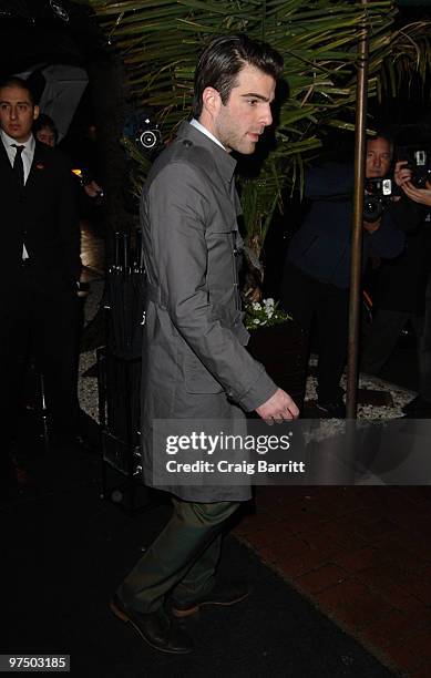 Zachary Quinto arrives at the Chanel And Charles Finch Pre-Oscar Party Celebrating Fashion And Film at Madeo Restaurant on March 6, 2010 in Los...