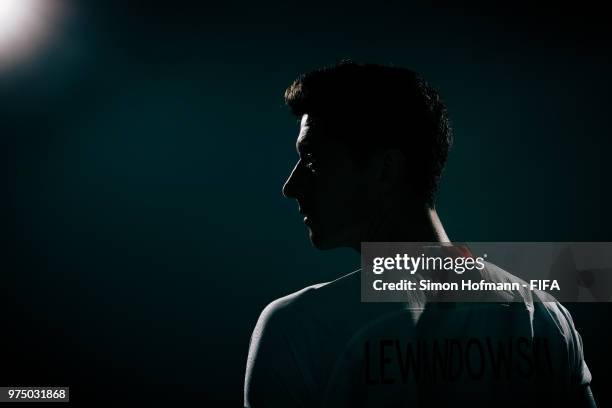 Robert Lewandowski of Poland poses during the official FIFA World Cup 2018 portrait session on June 14, 2018 in Sochi, Russia.