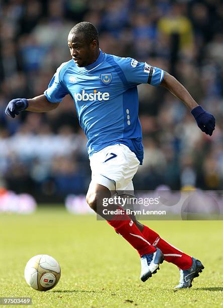 John Utaka of Portsmouth in action during the E.ON sponsored FA Cup Quarter Final match between Portsmouth and Birmingham City at Fratton Park on...