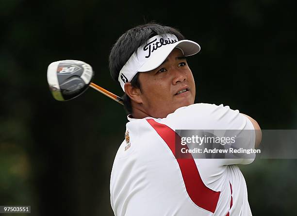 Kiradech Aphibarnrat of Thailand tees off on the 16th hole during the the final round of the Maybank Malaysian Open at the Kuala Lumpur Golf and...