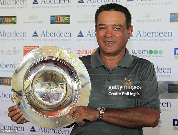 Boonchu Ruangkit of Thailand poses with the trophy after the final round of the Aberdeen Brunei Senior Masters presented by the Stapleford Forum...