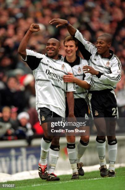 Barry Hayles of Fulham is congratulated by his team mates after scoring his hat-trick during the Nationwide League Division One match between Fulham...