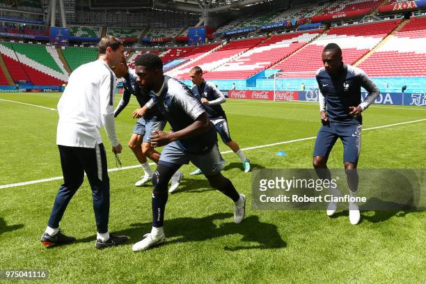 Samuel Umtiti in action during a France training session at Kazan Arena on June 15, 2018 in Kazan, Russia.