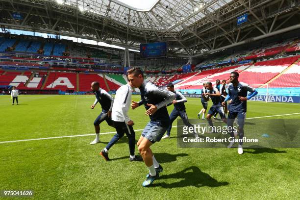 Lucas Digne trains during a France training session at Kazan Arena on June 15, 2018 in Kazan, Russia.