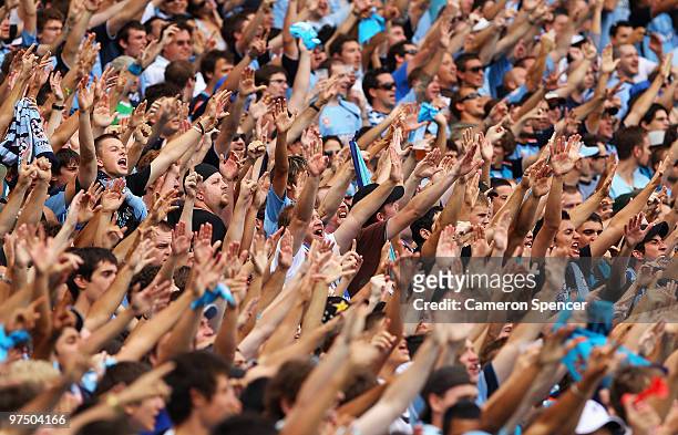 Sydney FC fans sing during the A-League Major Semi Final match between Sydney FC and Melbourne Victory at Sydney Football Stadium on March 7, 2010 in...