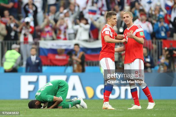 Muhannad Asiri of Saudi Arabia kisses the pitch at full time during the 2018 FIFA World Cup Russia group A match between Russia and Saudi Arabia at...