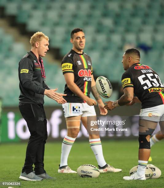 Peter Wallace of the Panthers acts as ball boy in the warm up during the round 15 NRL match between the Sydney Roosters and the Penrith Panthers at...