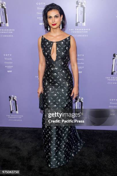 Morena Baccarin wearing dress by Zac Posen attends 2018 Fragrance Foundation Awards at Alice Tully Hall at Lincoln Center.