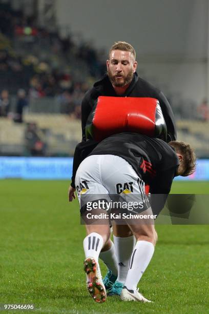 Luke Romano of the Crusaders warms up prior to the match between the Crusaders and the French Barbarians at AMI Stadium on June 15, 2018 in...