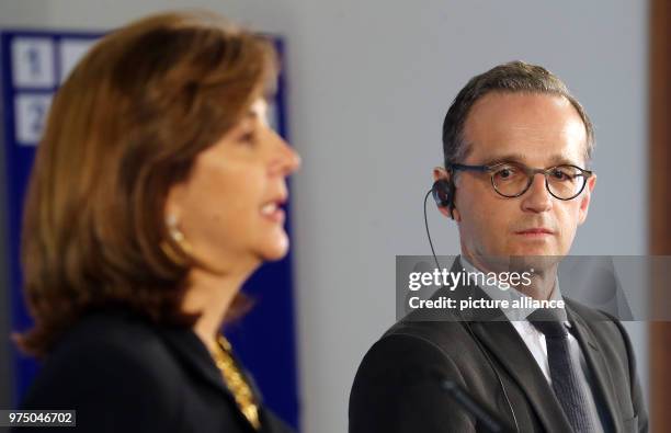 May 2018, Germany, Berlin: Foreign minister from the Social Democratic Party , Heiko Maas, receving his Columbian counterpart Maria Angela Holguin at...