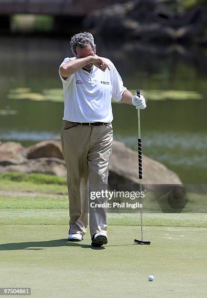 Sam Torrance of Scotland in action during the final round of the Aberdeen Brunei Senior Masters presented by the Stapleford Forum played at The...