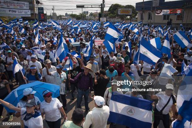 May 2018, Nicaragua, Managua: Countless people carrying national flags at a protest against the government. Thousands took to the streets to demand...