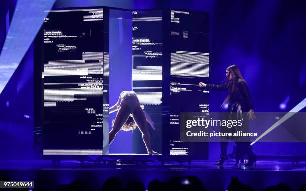 May 2018, Portugal, Lisbon: Malta's Christabelle standing on the stage during the second dress rehearsal of the second semi final at the Eurovision...