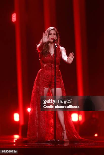 May 2018, Portugal, Lisbon: Latvia's Laura Rizzotto standing on the stage during the second dress rehearsal of the second semi final at the...