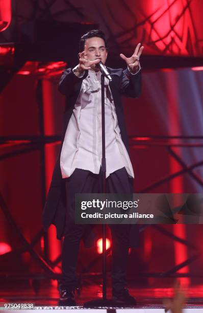 May 2018, Portugal, Lisbon: The Ukraine's Melovin standing on the stage during the second dress rehearsal of the second semi final at the Eurovision...