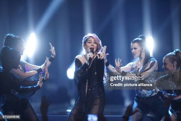 May 2018, Portugal, Lisbon: Slovenia's Lea Sirk standing on the stage during the second dress rehearsal of the second semi final at the Eurovision...