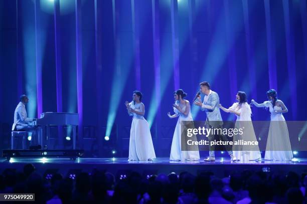 May 2018, Portugal, Lisbon: Montenegro's Vanja Radovanovic standing on the stage during the second dress rehearsal of the second semi final at the...