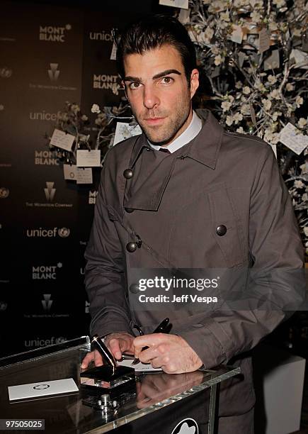 Actor Zachary Quinto attends the Montblanc Charity Cocktail hosted by The Weinstein Company to benefit UNICEF held at Soho House on March 6, 2010 in...