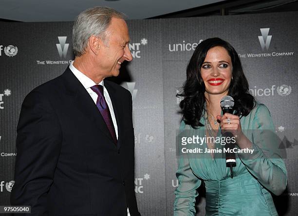 Of Mont Blanc International Lutz Bethge and actress Eva Green speaks during the Montblanc Charity Cocktail hosted by The Weinstein Company to benefit...