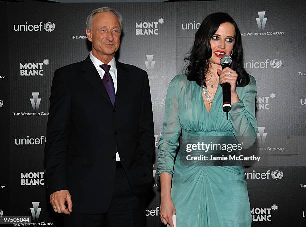 Of Mont Blanc International Lutz Bethge and actress Eva Green speaks during the Montblanc Charity Cocktail hosted by The Weinstein Company to benefit...