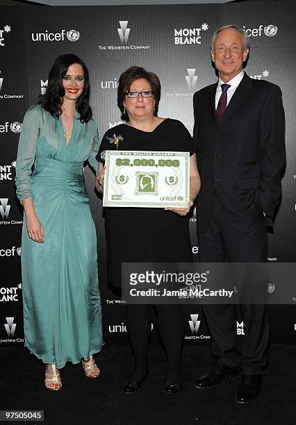 Actress Eva Green, President and CEO of U.S. Fund for UNICEF Caryl Stern and CEO of Mont Blanc International Lutz Bethge attend the Montblanc Charity...