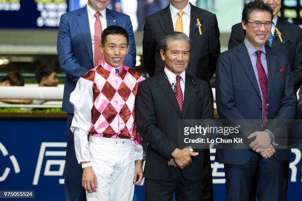 Jockey Vincent Ho Chak-yiu and trainer Tony Cruz celebrate after Brave Legend winning the Race 6 The Cricket Club Valley Stakes at Happy Valley...