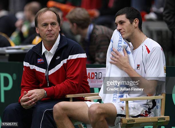 Captain John Lloyd with James Ward of Great Britain in his match against Ricardas Berankis of Lithuania during day three of the Davis Cup Tennis...