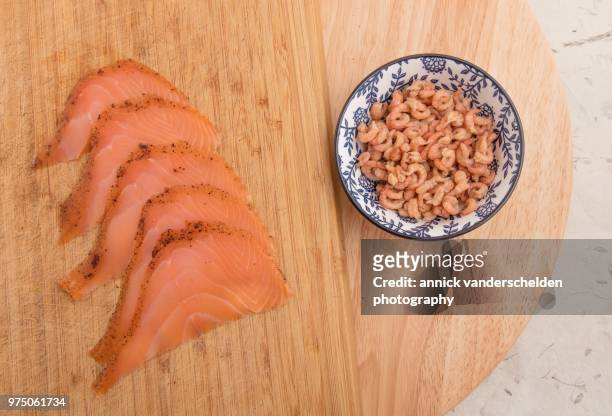 north sea shrimp and smoked salmon. - decapoda stock pictures, royalty-free photos & images