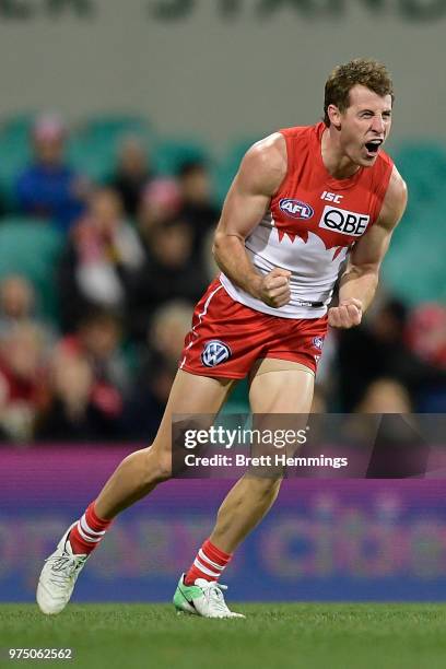 Harry Cunningham of the Swans celebrates kicking a goal during the round 13 AFL match between the Sydney Swans and the West Coast Eagles at Sydney...