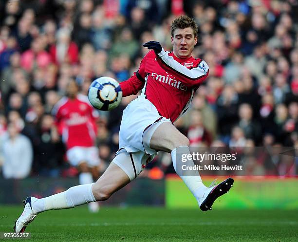 Nicklas Bendtner of Arsenal miskicks during the Barclays Premier League match between Arsenal and Burnley at Emirates Stadium on March 6, 2010 in...