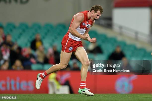 Harry Cunningham of the Swans celebrates kicking a goal during the round 13 AFL match between the Sydney Swans and the West Coast Eagles at Sydney...