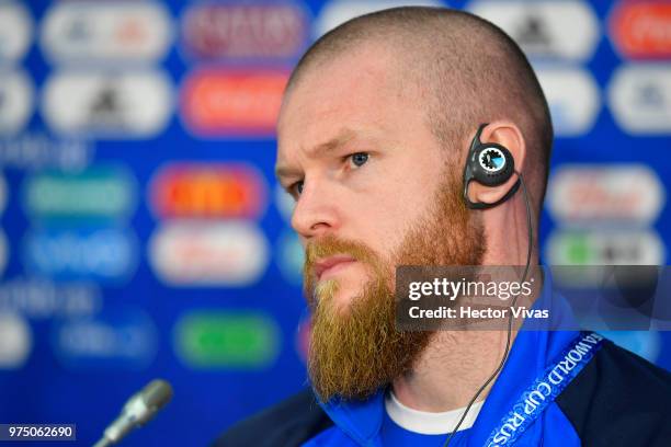 Aron Gunnarsson of Iceland, looks on during a press conference of Iceland at Spartak Stadium on June 15, 2018 in Moscow, Russia.