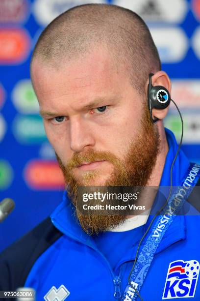 Aron Gunnarsson of Iceland, looks on during a press conference of Iceland at Spartak Stadium on June 15, 2018 in Moscow, Russia.