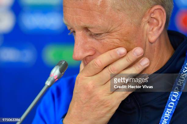 Heimir Hallgrimsson, coach of Iceland, gestures during a press conference of Iceland at Spartak Stadium on June 15, 2018 in Moscow, Russia.