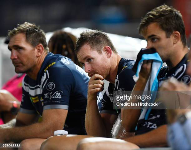 Michael Morgan of the Cowboys sits on the bench after being injured during the round 15 NRL match between the North Queensland Cowboys and the New...